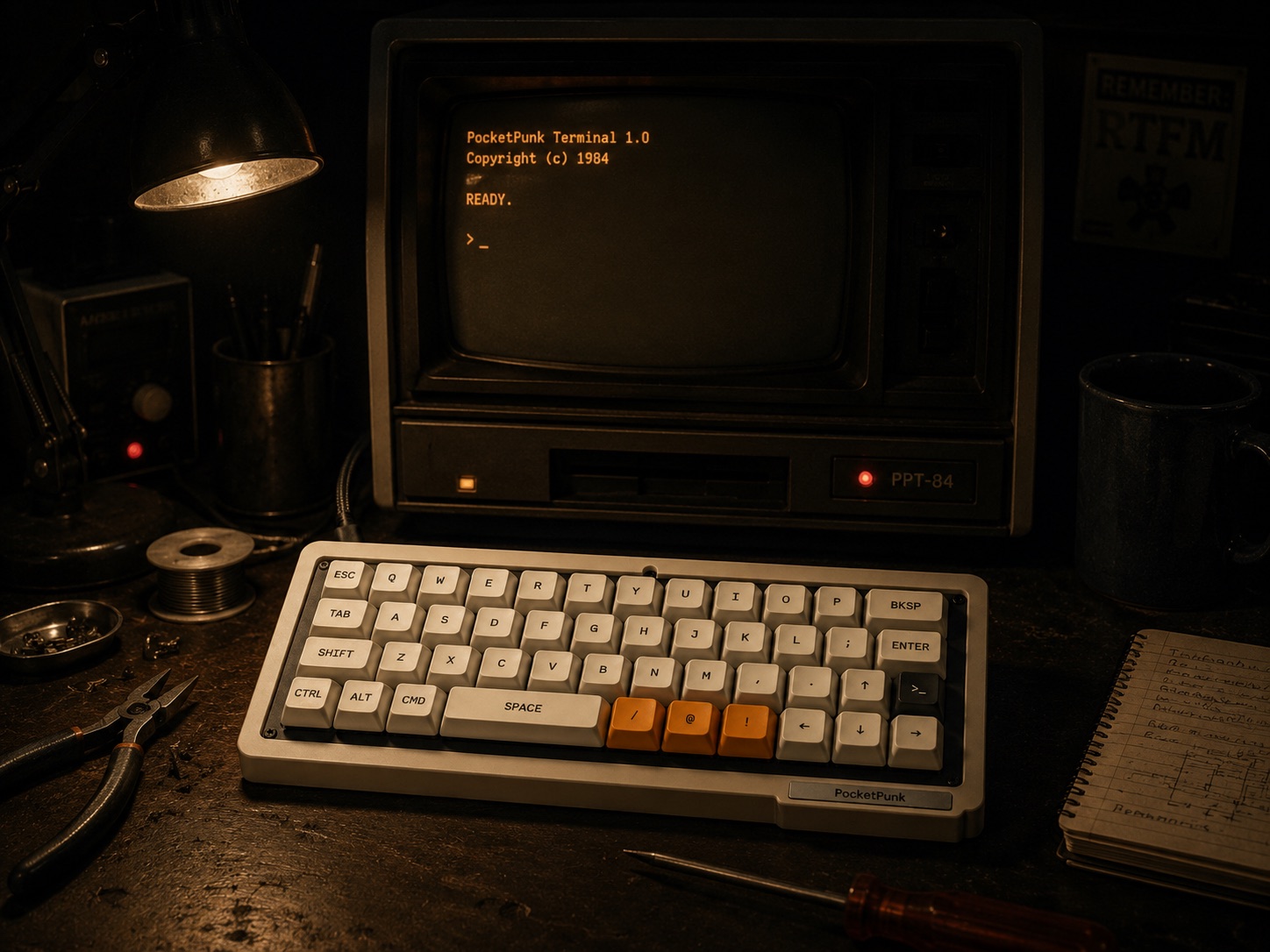 PocketPunk keyboard on a hacker workbench with a vintage terminal